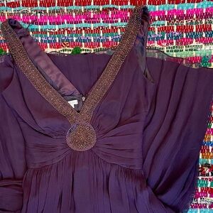 Maggie London Vintage Silk Purple Gold Mini Dress w/ Beaded Pendant SZ6